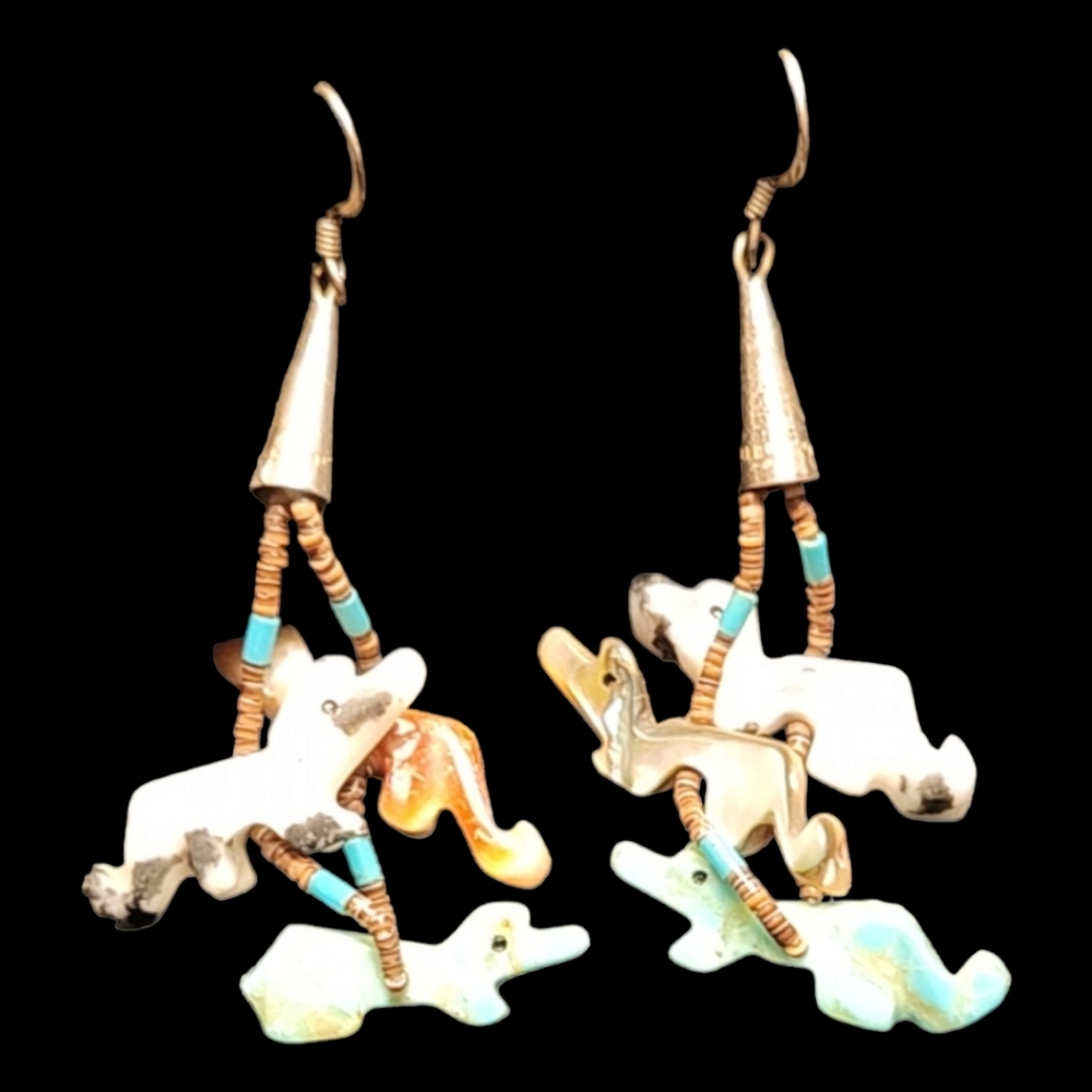VINTAGE ZUNI NATIVE AMERICAN HESHI BEADED TURQUOISE FETISH DANGLE EARRINGS - Picture 2 of 8